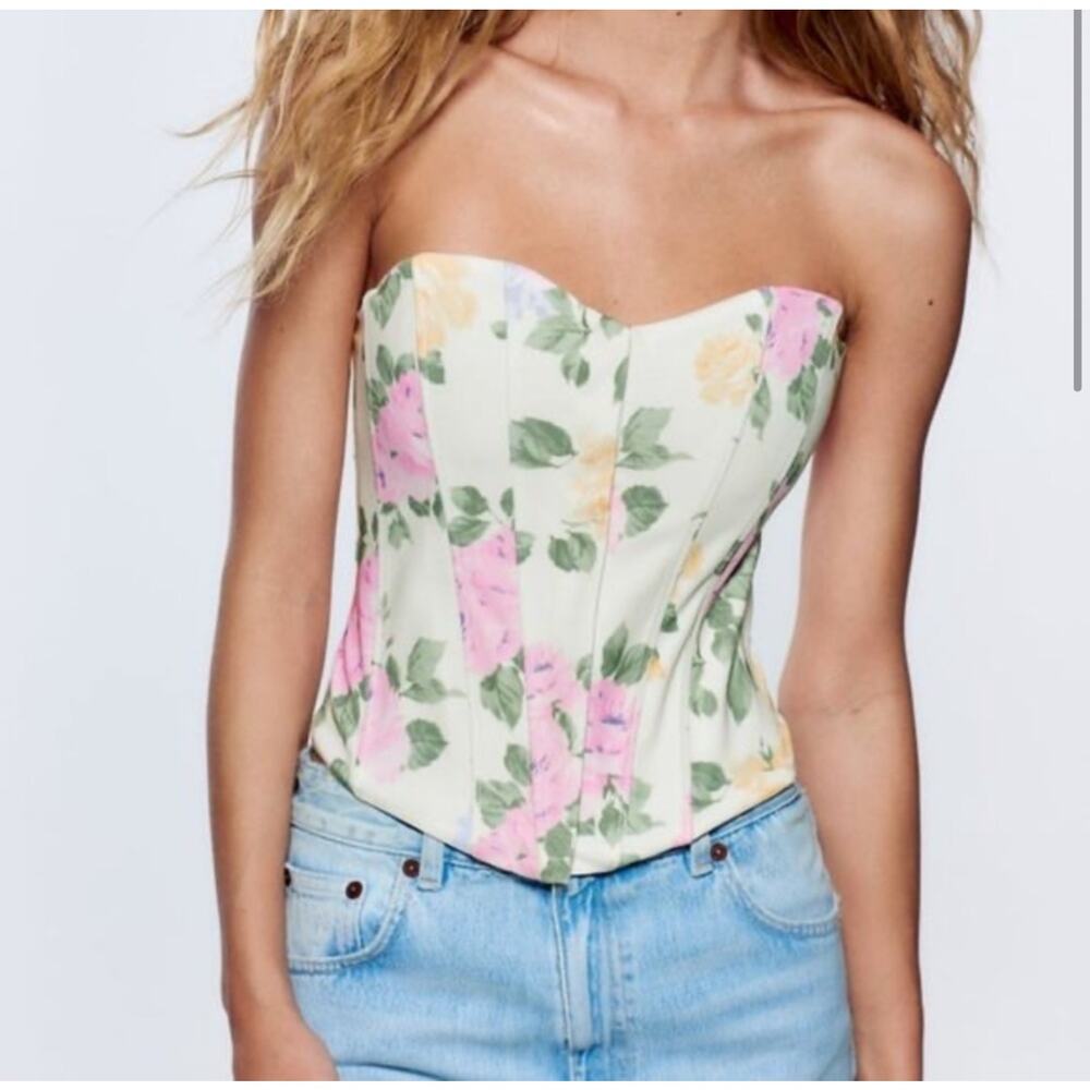 Zara Floral Bustier Top - Cream, Pink, Yellow, Green
